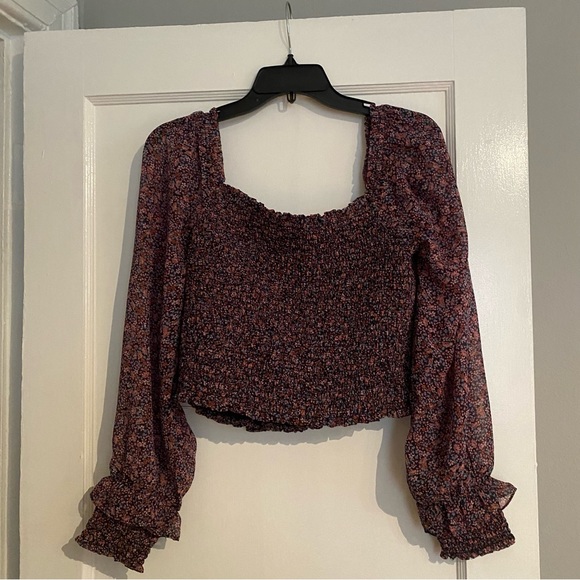 New NWT 1. State long sleeve semi sheer floral shirred blouse top black pink L - Picture 10 of 12